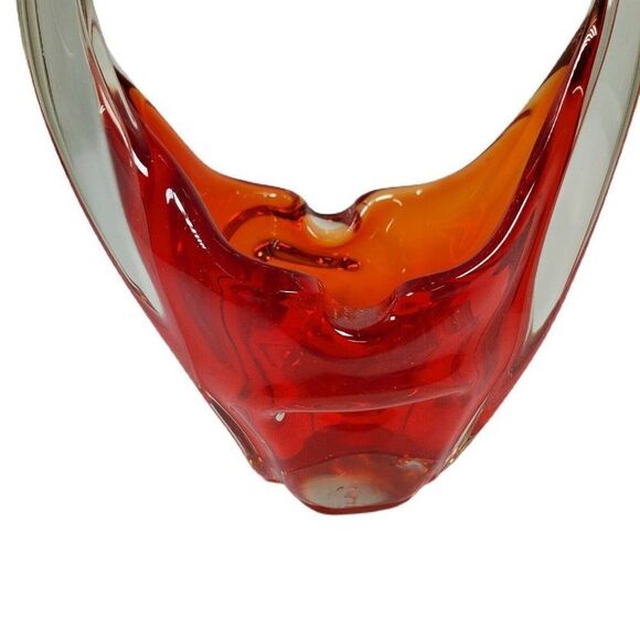 Vintage Red Orange Art Glass Basket 7" Tall Trinket Jewelry Keys Flower Abstract - Picture 3 of 6